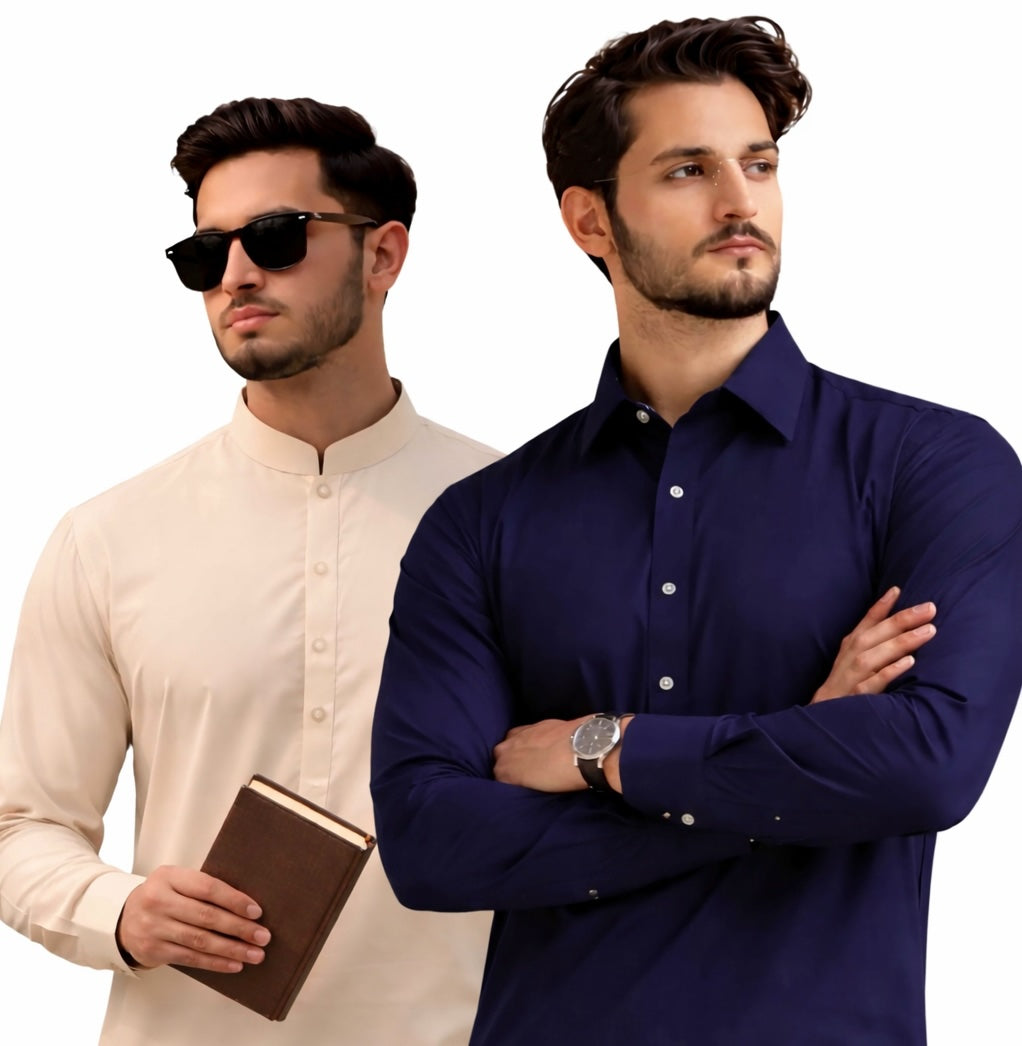 Mens Kurta Online Australia - Stylish kurta outfits showcased by two models in sunglasses.