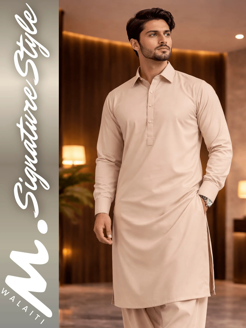 Man wearing a beige kurta with pants in an indoor setting, featuring the brand 'walaiti. Signature Style'.